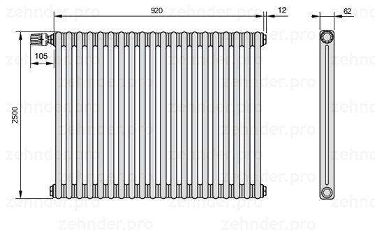 Схема (чертеж) Радиатор Zehnder Charleston 2250/20 №V012 Белый глянцевый RAL 9016